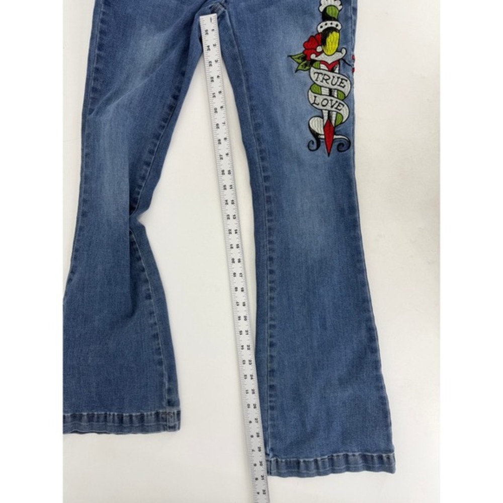 Ed Hardy Womens Flare Jeans Blue Tattoo True Love Eternal Graphic Y2K Size 26 - Picture 7 of 7